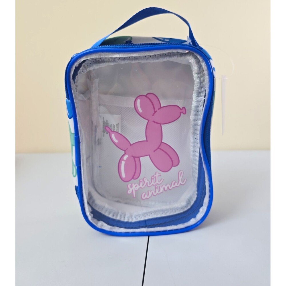 B20 Clear Transparent Zip Bag w/ Carry Handle, Balloon Dog Print, Blue Trim